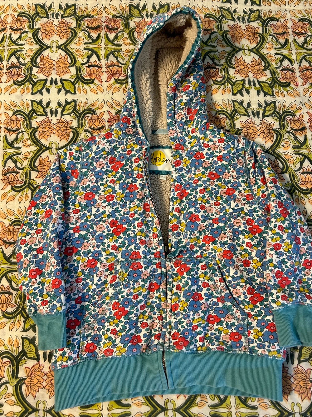 Mini Boden Multicolor Floral Hooded Puffer Jacket - Blue Base
